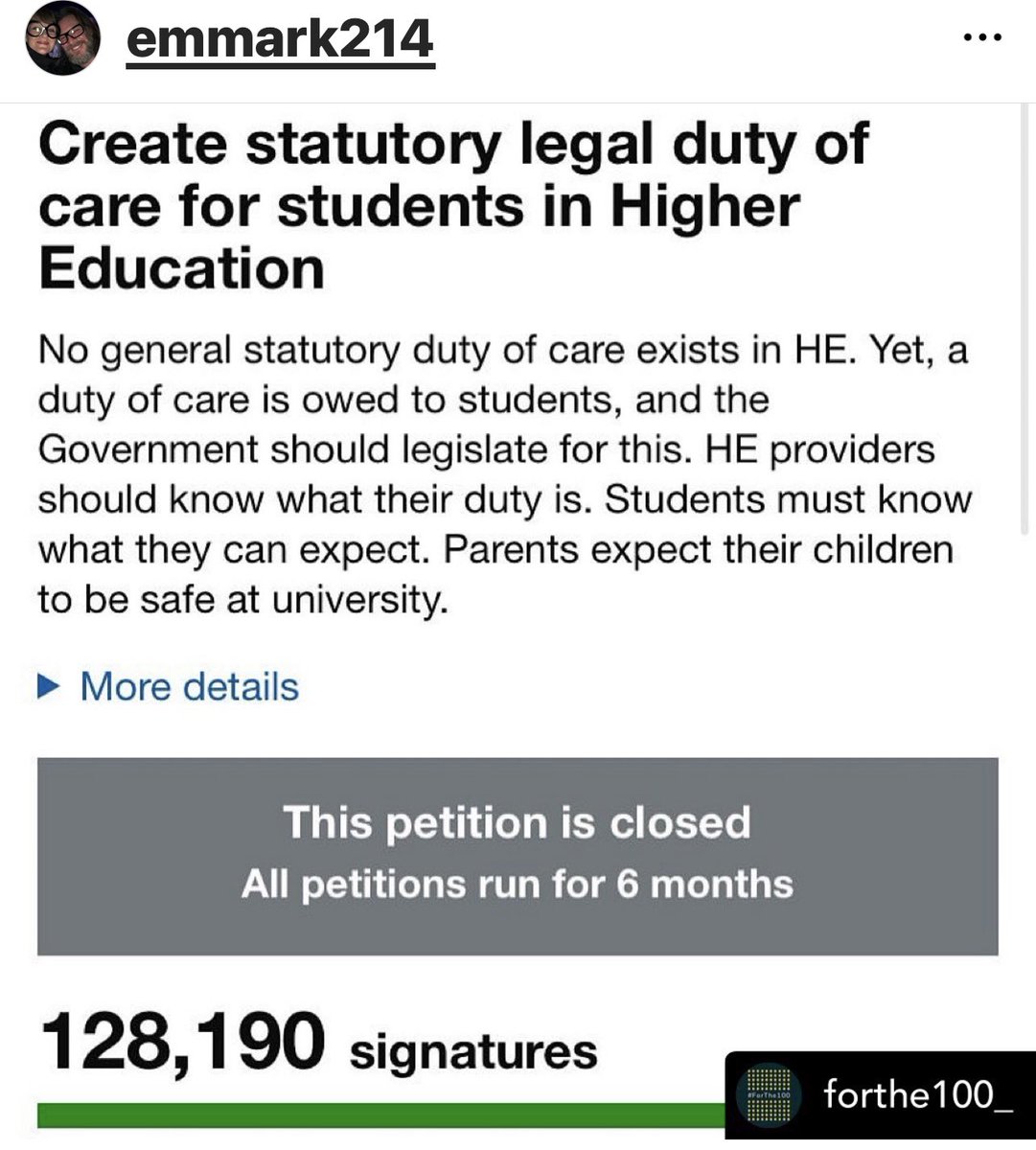 It’s official, as of midnight tonight the petition has closed, with a grand total of 128,190 signatures! YOU did it 
Thank you all, keep following for progress updates. Let’s keep this very important conversation going.

#forthe100#studentmentalhealth#suicideawareness