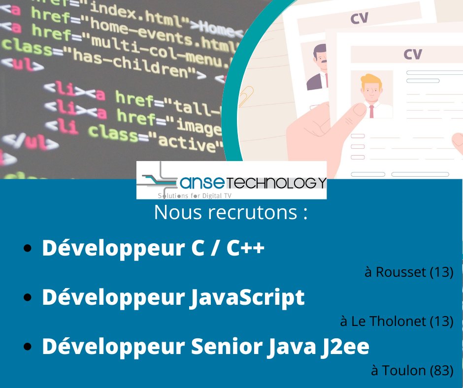 AnseTechnology's tweet image. Anse Technology recrute ! 💼

Un Développeur C/C++ 
👉🏼 Contactez Louna Cloman : 
lcloman@anse-technology.com

Un Développeur JavaScript
👉🏼 lnkd.in/eKrSdQiV

Un Développeur senior Java J2ee
👉🏼 lnkd.in/dvspTjMi

👉🏼 Toutes nos offres d&apos;emploi : lnkd.in/daKHz64