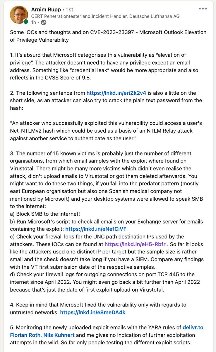 cyb3rops's tweet photo. Arnim created a short write-up on CVE-2023-22397 with some notes and our findings 

It contains links to rules, samples and IOCs extracted from the weaponized .msg files

> check your FW/EDR logs for outgoing connections to these IPs on port 445

https://t.co/cxVAP81yy8 https://t.co/QSHYNOtHeV
