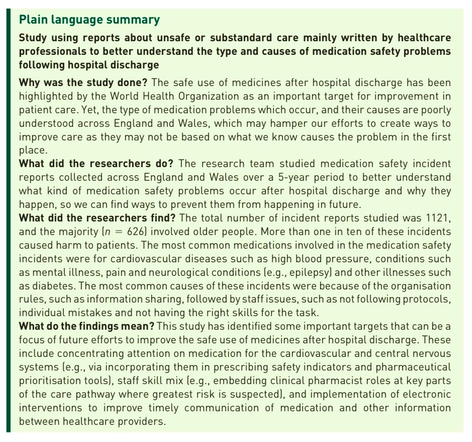 alqenaie's tweet photo. 🚨New paper🚨
Read #OpenAccess now: “Analysis of #MedicationSafety incidents following hospital discharge using #NRLS data from England and Wales” ⤵️
https://t.co/mo2GUrl2zX
#TransitionsOfCare
#PatientSafety
You can read below the plain language summary of this paper ⤵️ https://t.co/FUWPOZhDwW