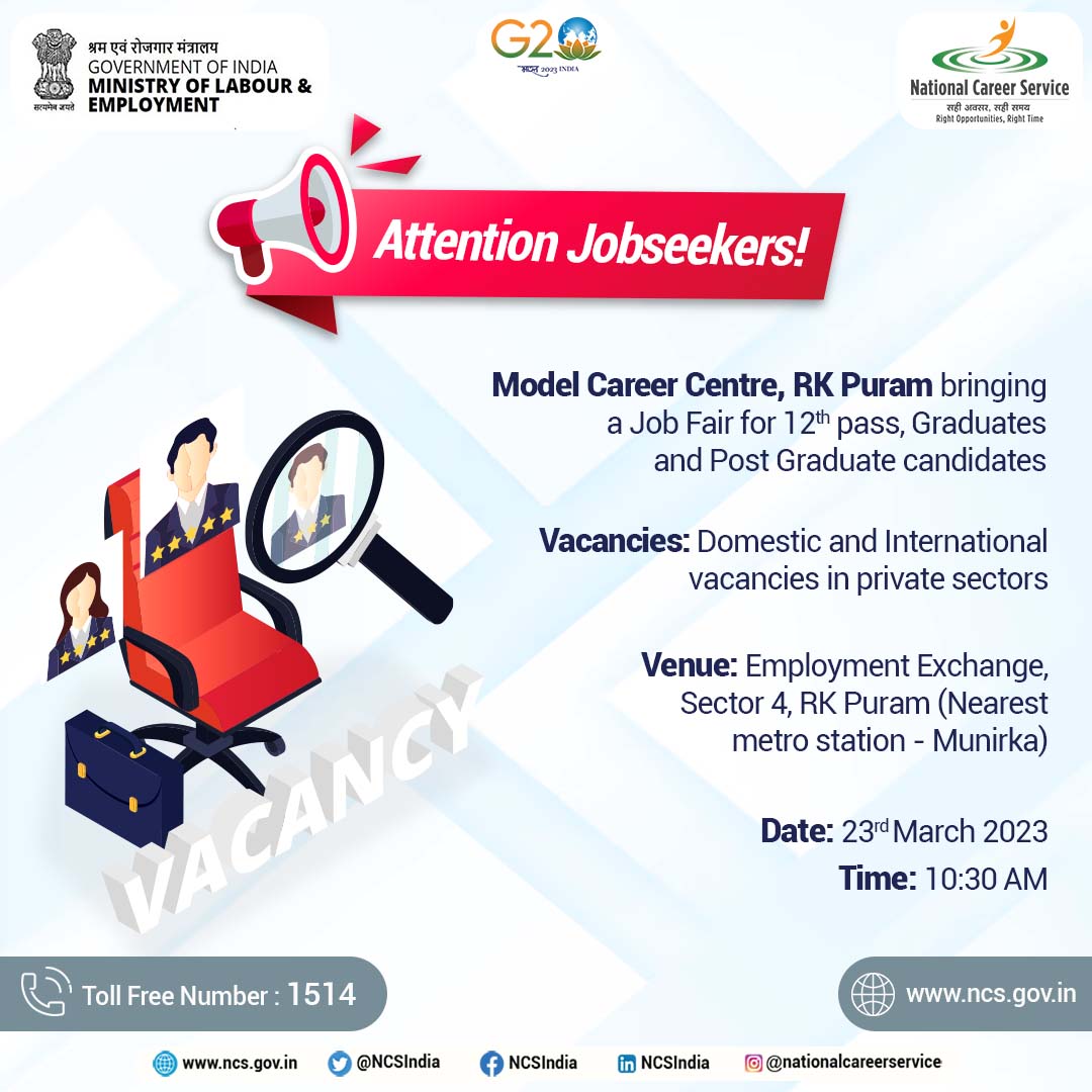 NCSIndia's tweet photo. The MCC, RK Puram is coming up with a job fair for 12th, Graduate, and Post Graduate candidates on 23rd March 2023 at 10:30 AM.
To know more, visit https://t.co/CzfOtPqxdC
#NCSIndia #NationalCareerService #MoLEIndia #Jobs #jobsearch #jobevent #jobsinindia #Vacancy #Upskill https://t.co/Gzot77btTT