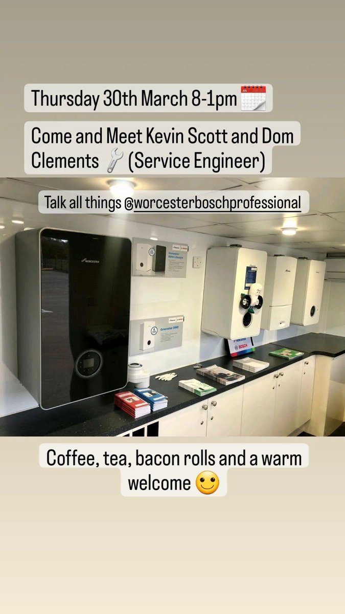 Macdplumbsupply's tweet photo. Thursday 30th March 🗓 8-1pm 

Come and meet @Worcester_Kevin and Dom Clements 🔧(Service Engineer) to discuss all things @WorcesterBosch 🙂

Tea, coffee, bacon rolls and a warm welcome ❤️ https://t.co/o88elHBvc1