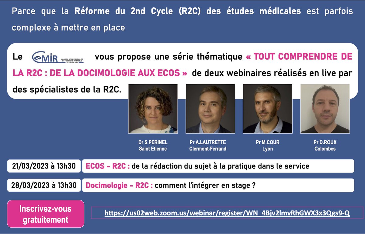 Vous souhaitez tout comprendre de la réforme du deuxième cycle #R2C ?
Rejoignez nos spécialistes pour deux webinaires
👉 ECOS : de la rédaction à la pratique ? (21/03 13h30)
👉 Docimologie : comment l'intégrer en stage ? (28/03 13h30)
Inscription gratuite http://www.ce-mir.f…