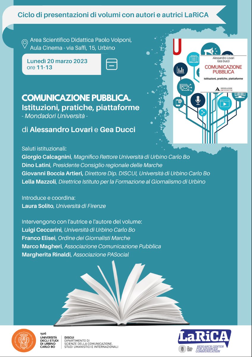 Alessandro Lovari (@alelovari) on Twitter photo Alle 11 a <a href="/uniurbit/">Università di Urbino</a> presenteremo il #libro Comunicazione Pubblica. Istituzioni, pratiche, piattaforme scritto con <a href="/geaducci/">Gea Ducci</a> per <a href="/Mondadori/">Mondadori</a> Università. Ci saranno anche <a href="/gba_mm/">Giovanni Boccia Artieri @gba@aoir.social</a> <a href="/lellamazzoli/">lellamazzoli</a> <a href="/marcomagheri/">Marco Magheri</a> e tanti altri colleghi/e. <a href="/SPolUniCA/">Dipartimento di Scienze Politiche e Sociali UniCA</a> #bookpresentation Alle 11 a <a href="/uniurbit/">Università di Urbino</a> presenteremo il #libro Comunicazione Pubblica. Istituzioni, pratiche, piattaforme scritto con <a href="/geaducci/">Gea Ducci</a> per <a href="/Mondadori/">Mondadori</a> Università. Ci saranno anche <a href="/gba_mm/">Giovanni Boccia Artieri @gba@aoir.social</a> <a href="/lellamazzoli/">lellamazzoli</a> <a href="/marcomagheri/">Marco Magheri</a> e tanti altri colleghi/e. <a href="/SPolUniCA/">Dipartimento di Scienze Politiche e Sociali UniCA</a> #bookpresentation