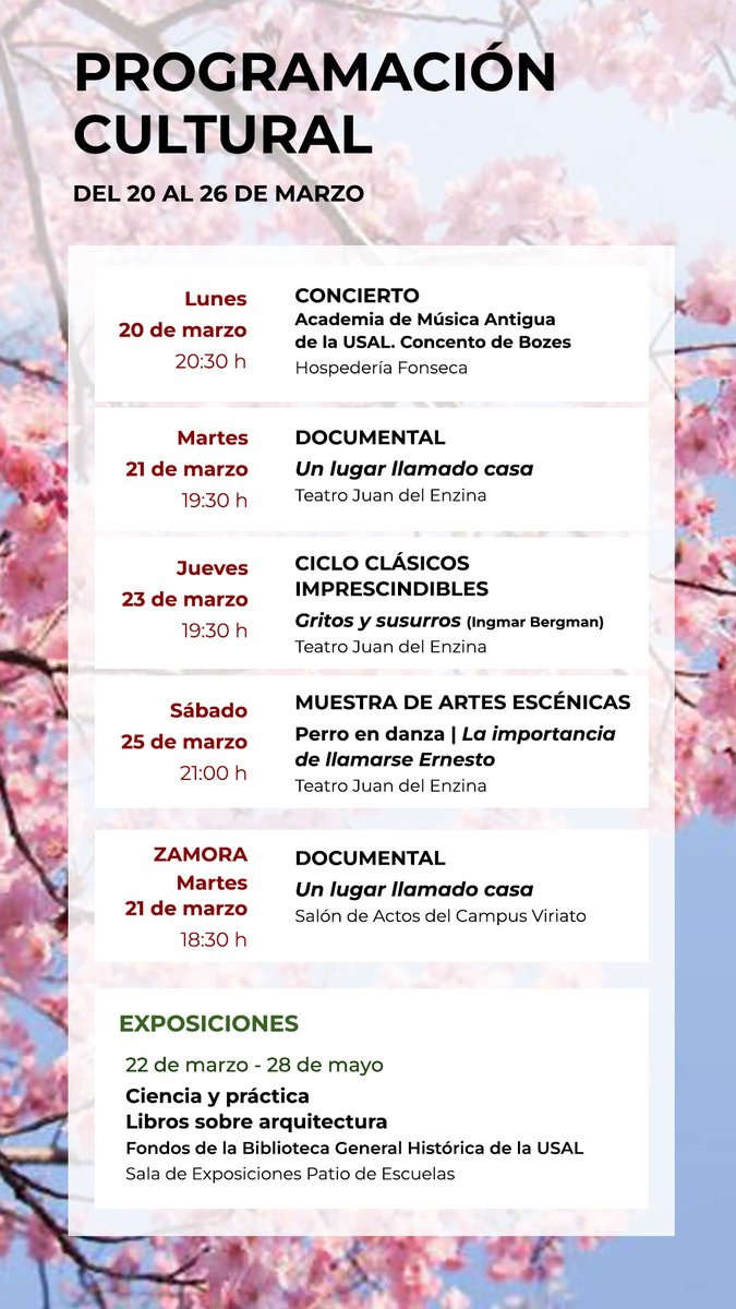 🌸¡Feliz lunes! 
¡Esta semana os traemos música, cine, teatro y exposiciones!

Más información y entradas: sac.usal.es