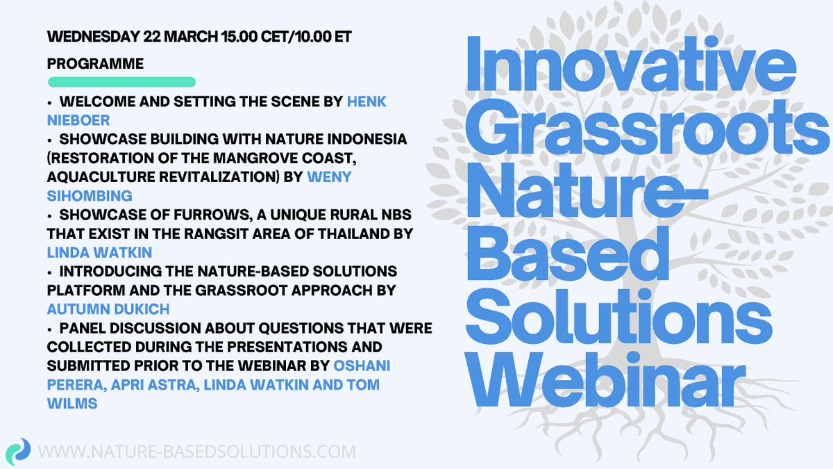 NbsPlatform's tweet photo. Programme:
• Welcome
• Showcase #BuildingwithNature Indonesia
• Showcase of furrows, a unique rural NBS that exist in the Rangsit area of Thailand
• Introducing the #NatureBasedSolutions platform and the #grassroots approach
• Panel discussion https://t.co/zPVKQgwbhA