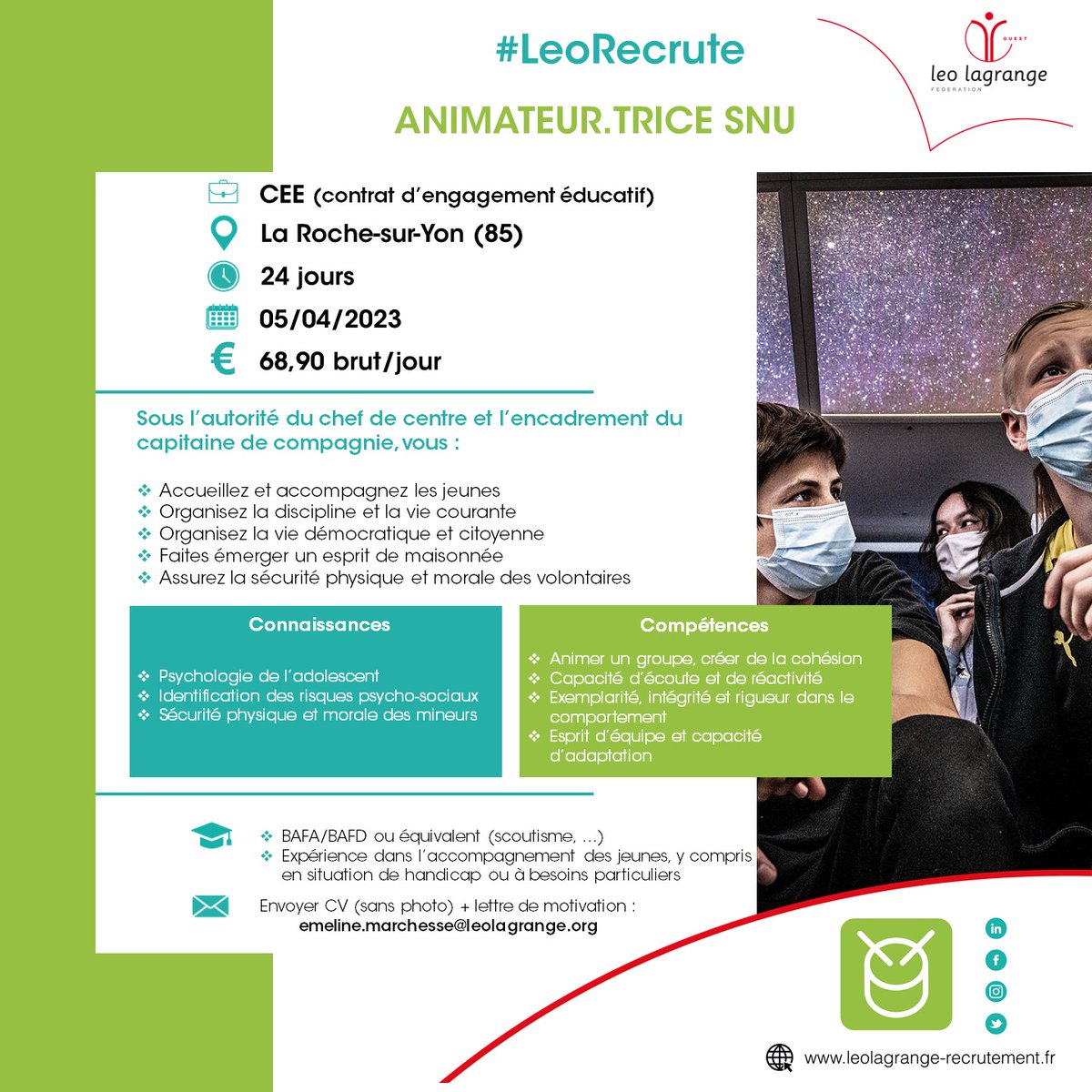 LL_Ouest's tweet photo. [#RECRUTEMENT 📣 ]
Des postes d’animteur.trice.s SNU sont encore à pourvoir pour le séjour d’avril, en #Vendée ! Envoyez votre #candidature à emeline.marchesse@leolagrange.org, ou sur https://t.co/vvs5AbCIw5
#emploi #cee #job #animateur #SNU #leorecrute #educpop @LeoLagrange https://t.co/z3QRkevCFw