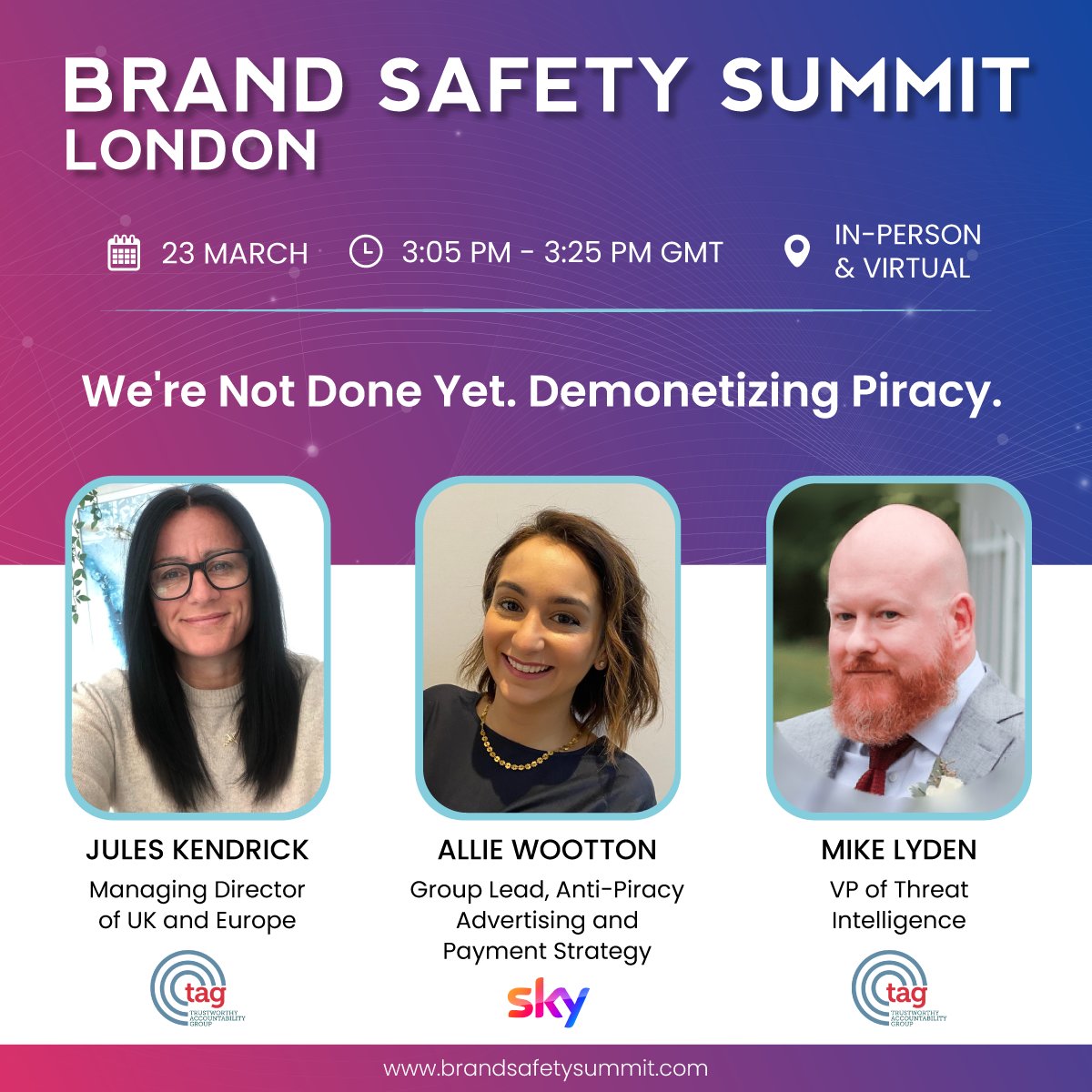 tag_today's tweet photo. We've got 1 hell of a convo planned for @614group #BrandSafetySummit in London this week! Make sure you tune into 'We're not done yet' with @tag_today's Jules Kendrick, @SkyUK's Allie Wootton & @tag_today's Mike Lyden๐ฅ
#GlobalStandardsForLocalMarkets
https://t.co/C5QYUm7Ex4 https://t.co/3C9dHGPvOR
