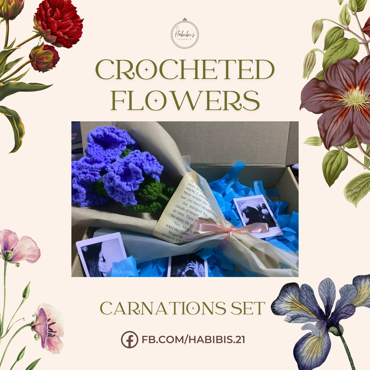 THREAD: Here are some samples of crocheted products #HandmadeWithLove by #Habibis. ❤️

CARNATIONS SET 🌺

Get yours and customize your own now! Our DMs are always open. 📩

#HabibisProducts
#giftsforher #giftsforhim #crochet #art #handmadegifts #giftideas #buyhandmade #flowers