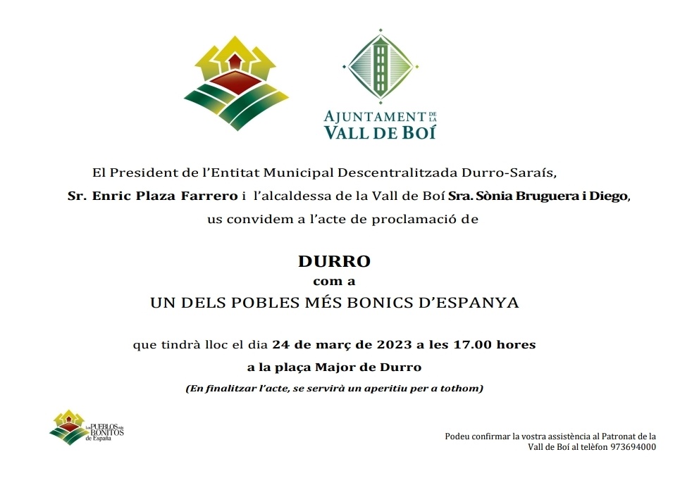 Acte de proclamació de #Durro dins de la xarxa de  <a href="/LosPueblosmbe/">Pueblos más bonitos</a> 🏘️

📆 Divendres, 24 de març

⏰ 17h

Us hi esperem!