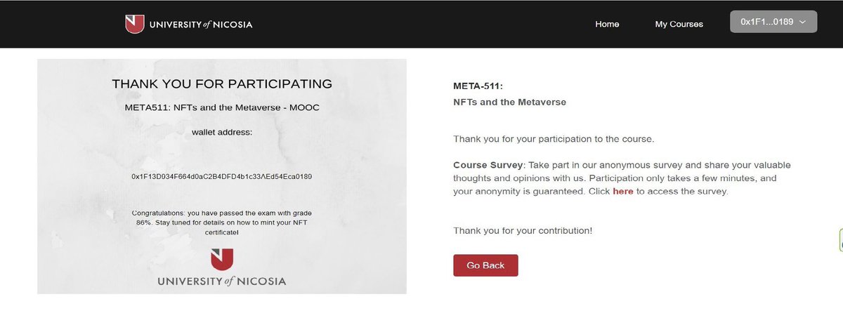 gm frens n family ☕️

Just completed @unicmetaverse META511 final exam!👩🏻‍🎓

Huge thanks to @punk6529, @giaglis and  @unicmetaverse for the great material and overall experience so far! 

#NFT #Metaverse #Education #studylover