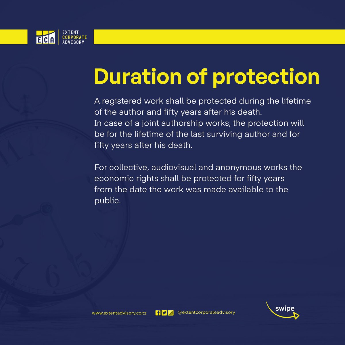 AdvisoryExtent's tweet photo. Secure your creative works in Zanzibar with copyright registration.
Swipe to see the procedures for copyright protection in Zanzibar.
For more information or inquiries, please do not hesitate to contact us.
#Registration
#Copyright
#IPShortSlides
#IPLaws
#IPZanzibar https://t.co/bxeyKyjxT4