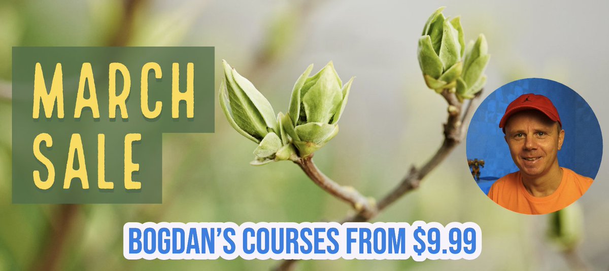 BogdanStashchuk's tweet photo. March SALE!!! All my courses $9.99 - $14.99 next 5 days. Last sale day 24th March!
Coupon code MAR2023SALE
***Just apply coupon on the course page***
List of all courses that I teach on Udemy https://t.co/A8M7f8xiEL https://t.co/zcdSA0uNbb