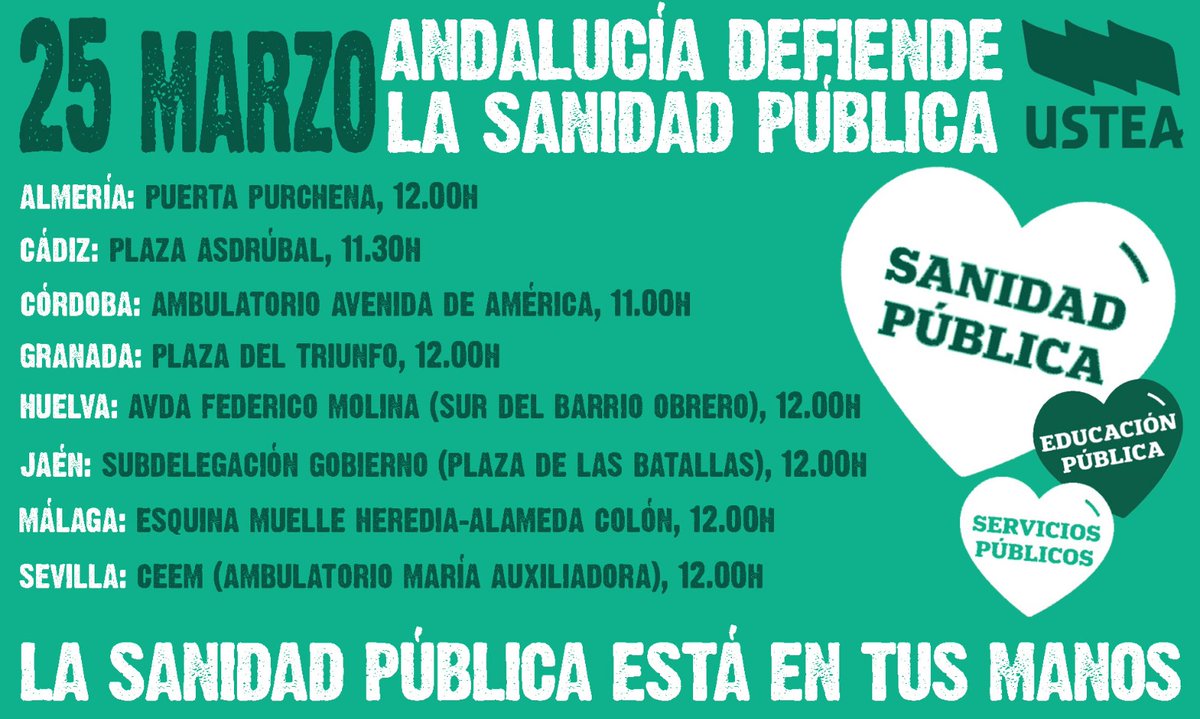 💚 #25M ANDALUCÍA DEFIENDE LA SANIDAD PÚBLICA

#Andalucía en lucha, por unos #ServiciosPúblicos 100% públicos: busca la convocatoria de tu provincia y acude. ¡Pásate y pásalo!

📢 LA #SanidadPública ESTÁ EN TUS MANOS