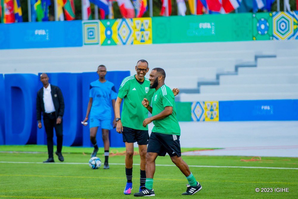 FAPA_Rwanda's tweet photo. As part of #FIFACongress last week, our members had the honour and privilege to participate in the FIFA Congress Delegation Football Tournament alongside His Excellency Paul Kagame and global football legends like JJ Okacha, Khalilou Fadiga, Pierre Webó and others. #TeamRwanda https://t.co/yF8ANvSXtT