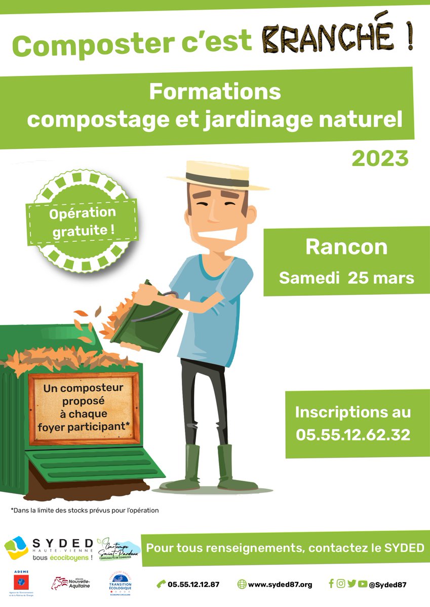Chateauponsac87's tweet photo. #SYDED87 Formations] 
Le SYDED propose une formation gratuite au compostage et au jardinage naturel ☘️
♻️ Samedi 25 Mars 2023♻️ à  #Rancon
☎️ Inscription obligatoire au 05 55 12 62 32 
🎁 Ce jour nous vous offrons un composteur. https://t.co/NbRuzrvzAA