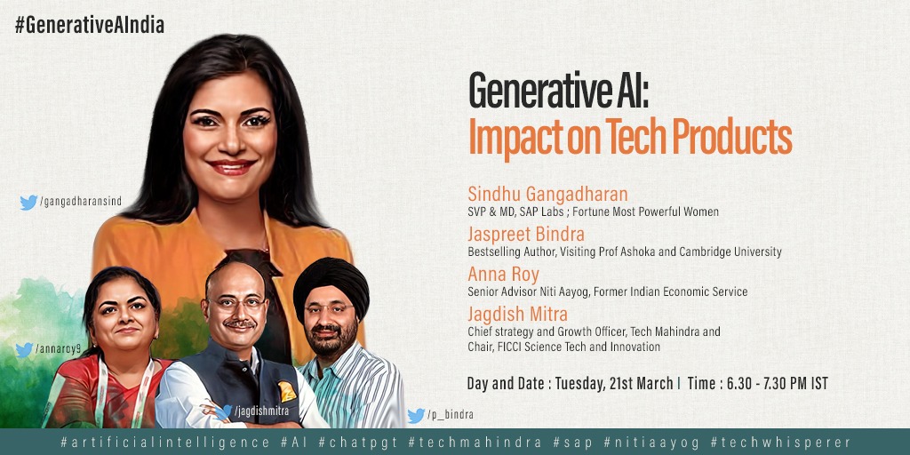 saplabsindia's tweet photo. Pave the way for future #innovations with @gangadharansind, @jagdishmitra, @j_bindra, & @annaroy9 in a #tweechat on #GenerativeAI & its impact on #techservices, #techproducts, #digitalpublicgoods at 6:30 PM, Tuesday.
📢Use #GenerativeAIndia to get in!
#AI #NxtNow https://t.co/nS3VglTiRl