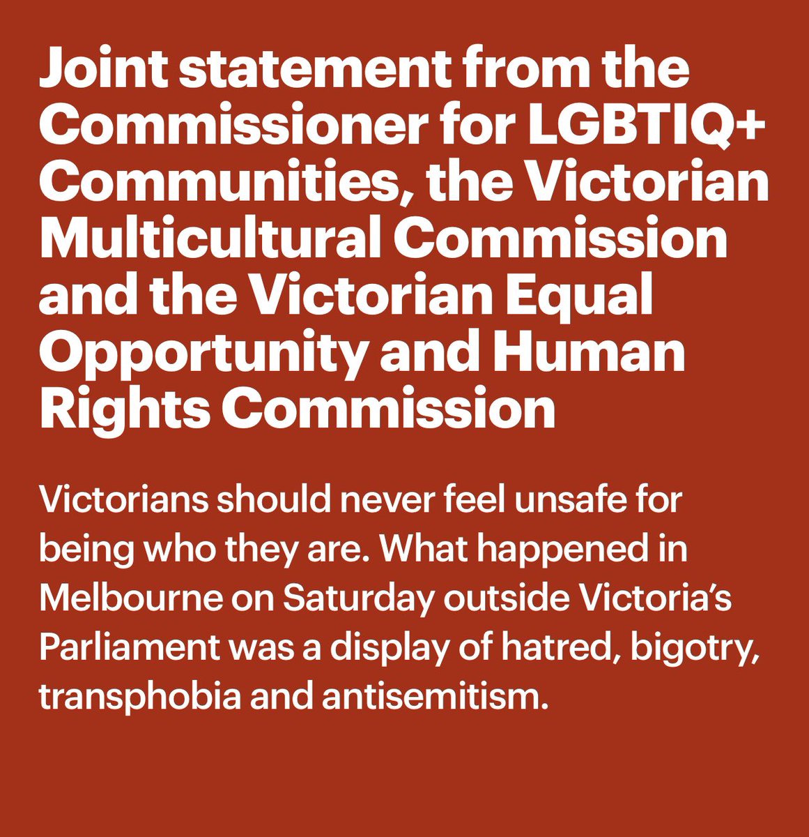 Victorians should never feel unsafe for being who they are. What happened in Melbourne on Saturday outside Victoria’s Parliament was a display of hatred, bigotry, transphobia and antisemitism. Read our joint statement: lnkd.in/gD95Dx86