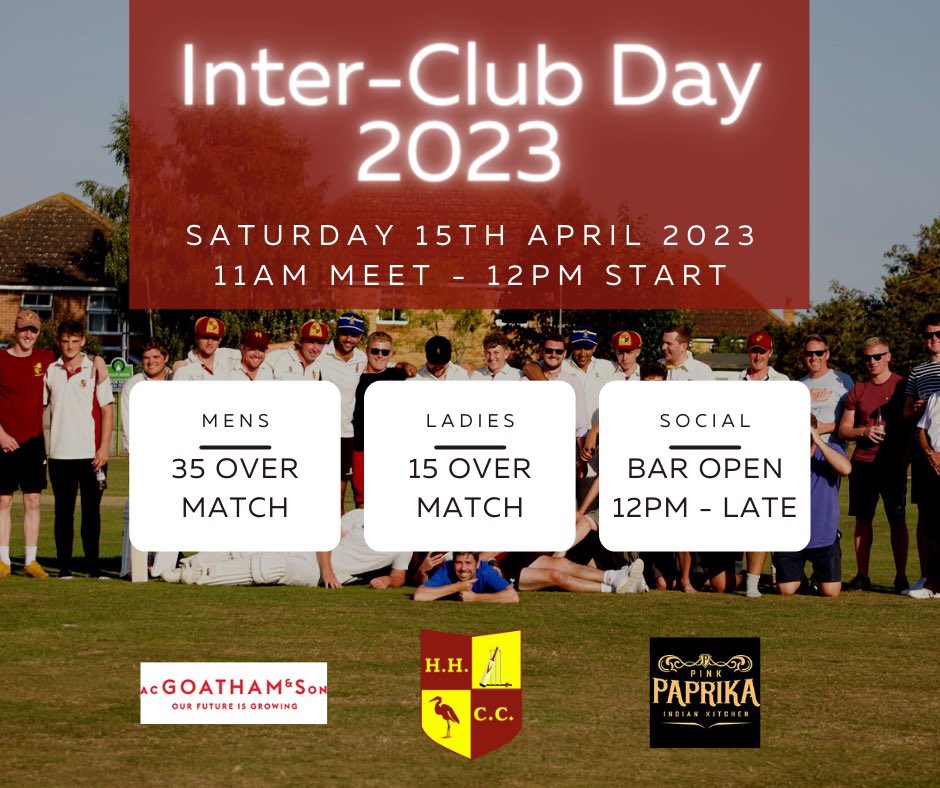 highhalstowcc's tweet photo. 𝐈𝐍𝐓𝐄𝐑-𝐂𝐋𝐔𝐁 𝐃𝐀𝐘 𝟐𝟎𝟐𝟑

We will be opening our doors once again to our members for another season of cricket.

To kick off 2023 we will be hosting:
- A 30 over mens game from 12pm
- A 15 over ladies game, immediately after mens match

(1/2) https://t.co/eTuN2Cf6ia