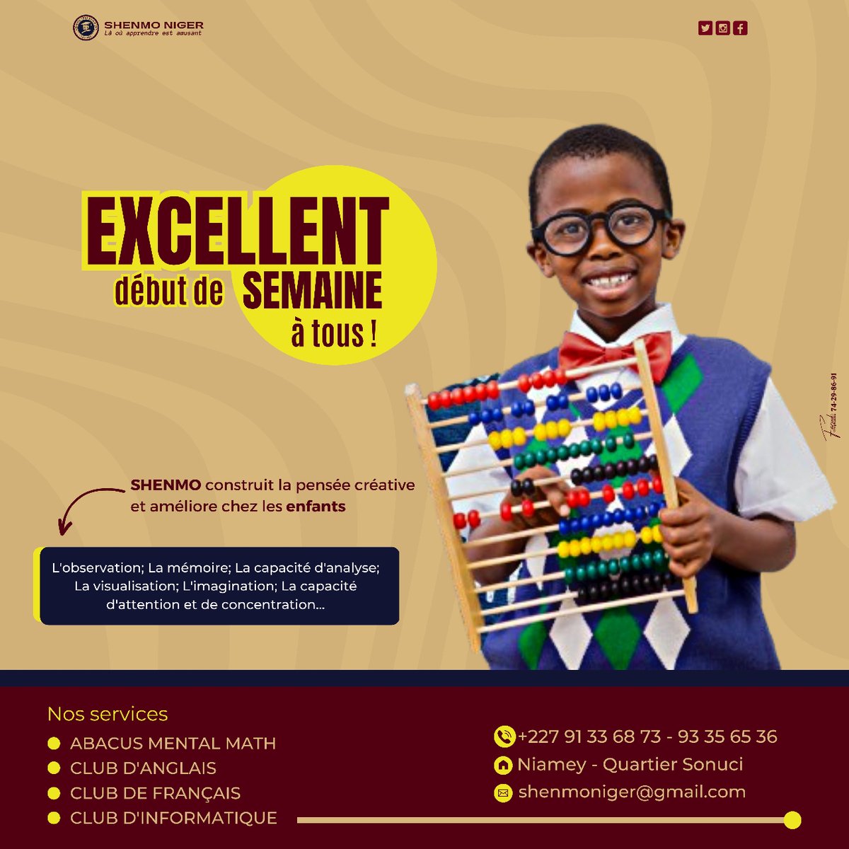 ShenmoNiger's tweet photo. [#NouvelleSemaine]

Notre programme améliore chez les enfants : 

✅ L’observation 
✅ La mémoire 
✅ La capacité d’analyse 
✅ La visualisation 
✅ L’imagination 
✅ La capacité d’attention 
✅ La concentration 

Excellent début de semaine à tous !

#Shenmo #Niger #Mental #Maths https://t.co/6hIKcB5FoI