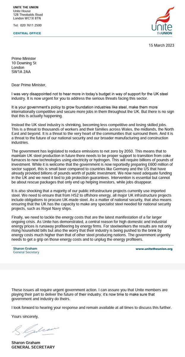 Steel is a foundation industry essential for the success of the UK economy. Despite this, due to years of inaction and an abdication of leadership, this essential industry is being left to wither and decline. My letter to PM @RishiSunak ⬇️ #UKSteel unitetheunion.org/news-events/ne…