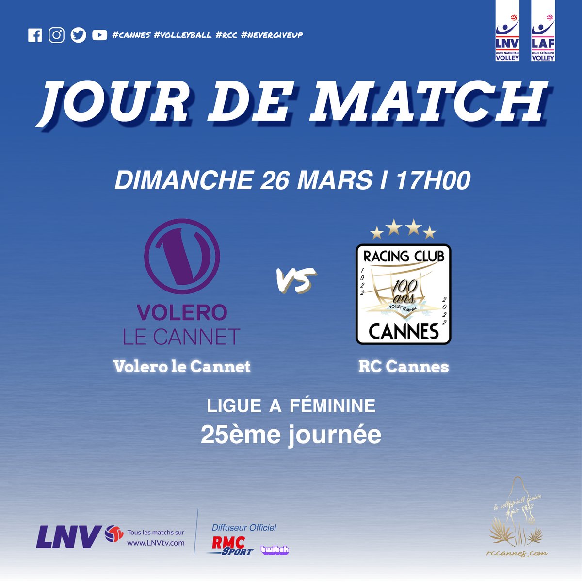 rccannes's tweet photo. 💫 J-25 LAF 💫
JOUR DE MATCH 🏐
🏐 #RCCannes vs @Volero Le Cannet
🗓️ Aujourd'hui
⏰ 17h00
📍 Gymnase Maillan, Le Cannet
📹 https://t.co/xGhS1W1VTU https://t.co/608Swq2Xpu