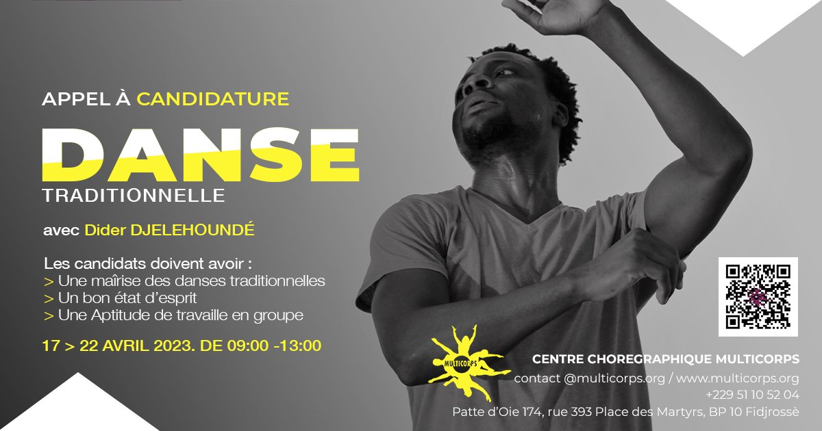CC_Multicorps's tweet image. Du 17 au 22 avril 2023, Didier Djelehoundé, danseur chorégraphe vous invite à un stage de danse traditionnelle avec percussion ! Pour ceux qui souhaitent s'y inscrire, scanner le code QR ou cliquer sur le lien forms.gle/3dXGFsqQ66DktH… pour nous envoyer votre candidature !