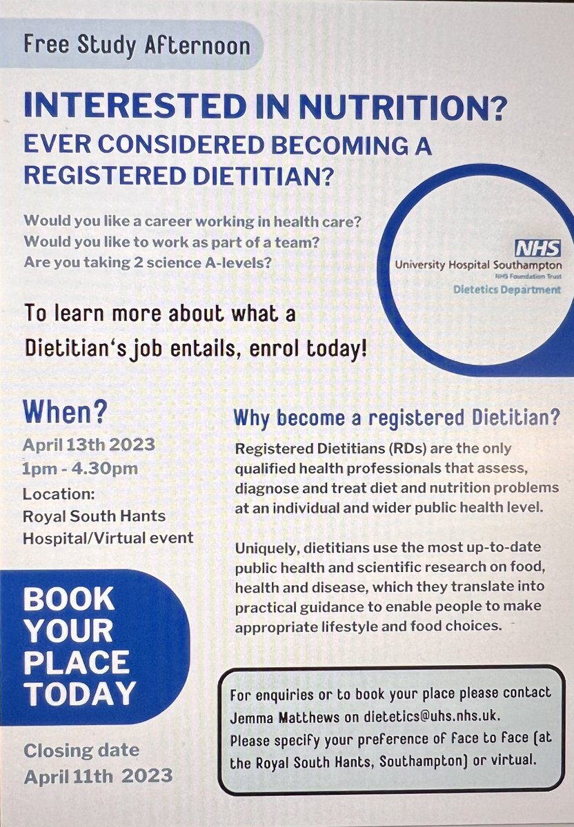 🌟 Are you interested in nutrition or have you ever considered becoming a registered dietitian? Come along to our free study afternoon📚 See attached for more details on how to book your place!!