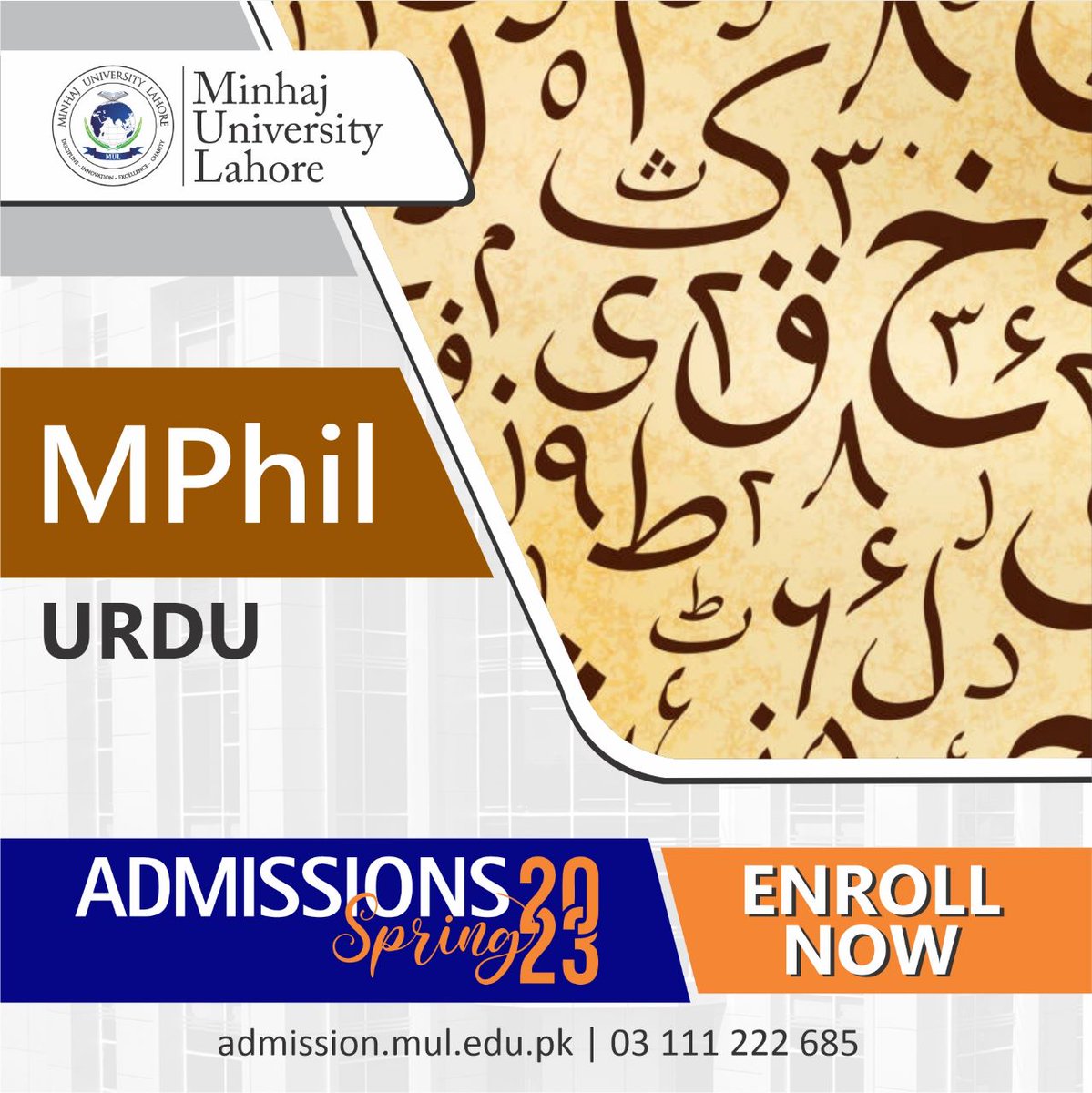 OfficialMUL's tweet photo. ADMISSIONS OPEN SPRING 2023
MPhil Urdu
School of Urdu
For more details:
https://t.co/p0HPdL33RJ
Apply Online:
https://t.co/eNUCofSIEU
#AdmissionsOpenSpring2023
#AdmissionsSpring2023
#AdmissionsOpen2023
#Admissions2023
#2023Admissions
#AdmissionsOpen https://t.co/VDVYWnLiNJ