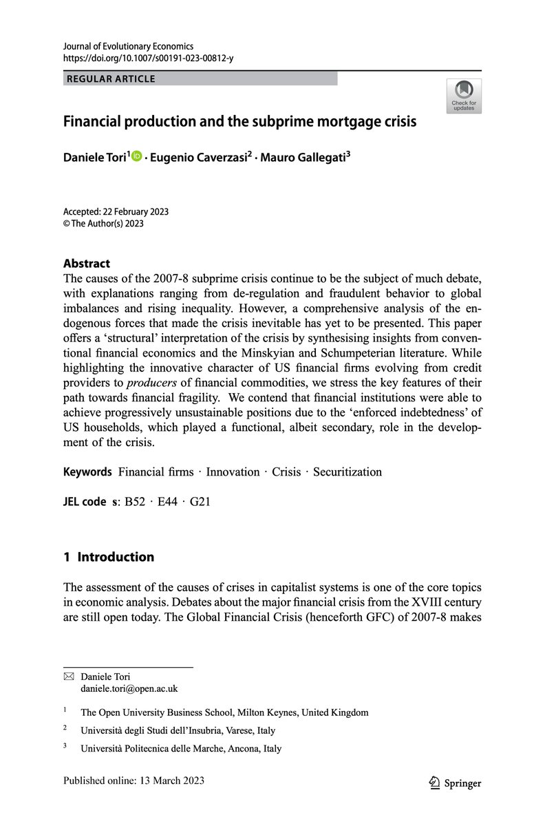 "Financial production and the subprime mortgage crisis" by Eugenio Caverzasi (@gegecaver) w/ Daniele Tori (<a href="/DrDaToRi/">Daniele Tori</a>; <a href="/OpenUniversity/">The Open University</a>) and Mauro Gallegati (<a href="/mgallegati/">mauro gallegati</a>; <a href="/UnivPoliMarche/">UnivPM</a>) accepted in Journal of Evolutionary Economics, doi.org/10.1007/s00191…