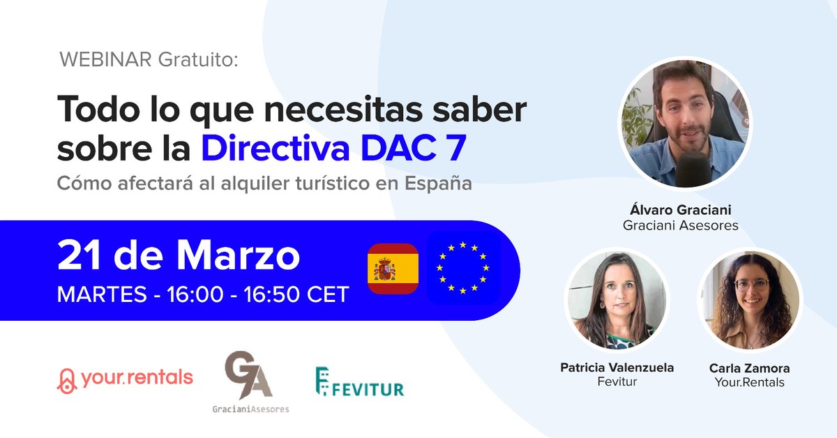 Si tienes dudas sobre la nueva normativa europea y obligaciones de la Directiva DAC 7 del alquiler vacacional, ¡te interesa!

Aún estás a tiempo de asisitir al webinar de <a href="/Your_Rentals/">Your Rentals</a> y <a href="/GracianiAsesor/">Graciani Asesores y Abogados</a>. Te esperamos mañana a las 16 h.
ow.ly/yYkb50Nfa3G