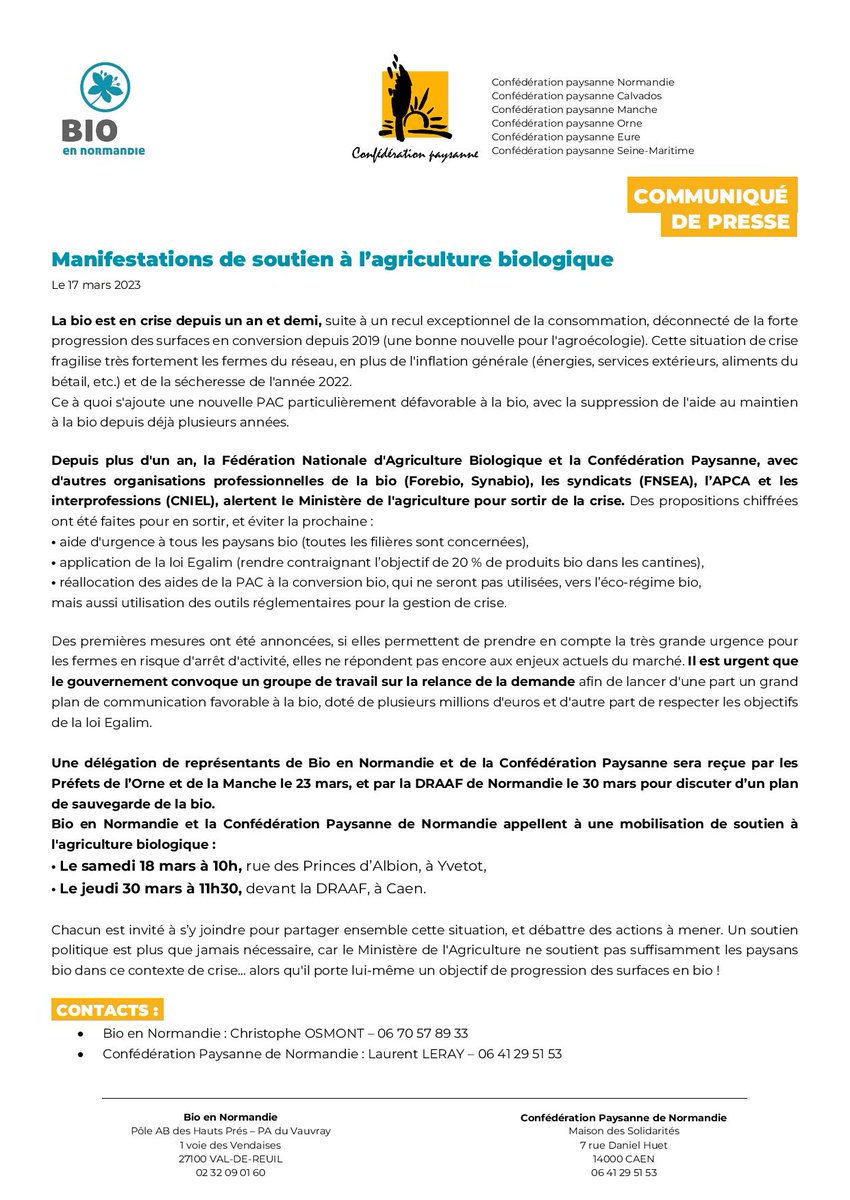 [Communiqué de presse 💬] La <a href="/ConfPaysanne/">Conf' Paysanne</a> et Bio en Normandie se mobilisent pour la bio ✊
#agriculturebiologique #mobilisation
