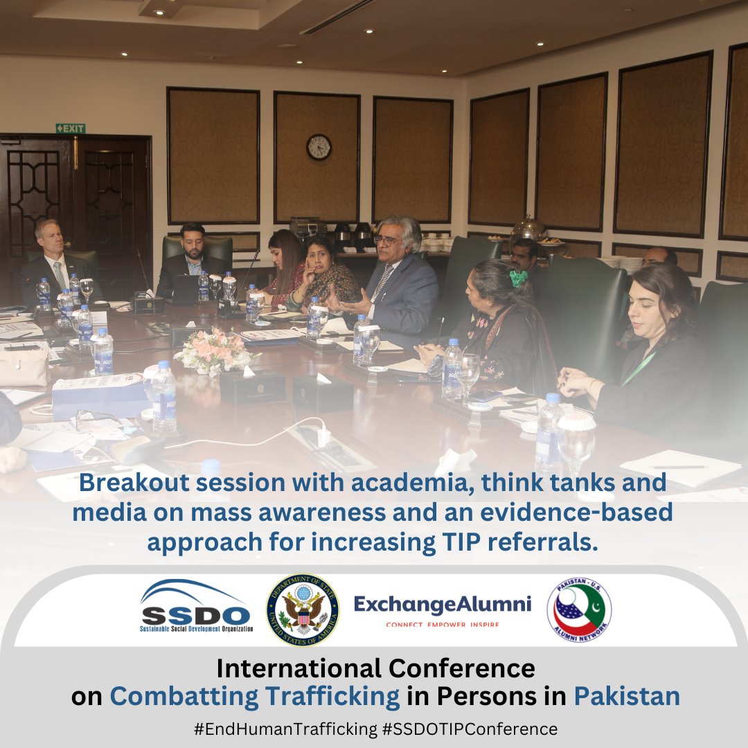 SSDOPakistan's tweet photo. At #SSDOTIPConference, breakout session 5/5 was with academia, think tanks & media on an evidence-based approach for increasing referrals of #HumanTrafficking cases in #Pakistan.
@usembislamabad @PakUSAlumni @JTIP_State @StateINL #EndHumanTrafficking https://t.co/K3q9gpkkdk