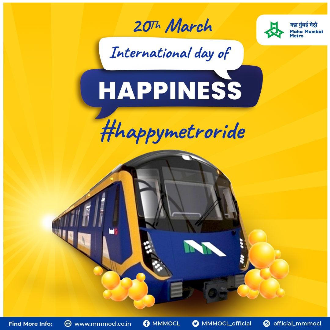 MMMOCL_Official's tweet photo. #MumbaiMetro
#TakeAMetroBeHappy
#HappyCommuters
#WorldHappinessDay
तुमचा दररोजचा मेट्रो प्रवास हा अधिकाधिक आनंदी आणि आरामदायी व्हावा, यासाठी आम्ही सतत प्रयत्नशील असतो. तुम्हा सगळ्यांना जागतिक आनंदी दिनाच्या हार्दिक शुभेच्छा. https://t.co/LbCYa4nBaU