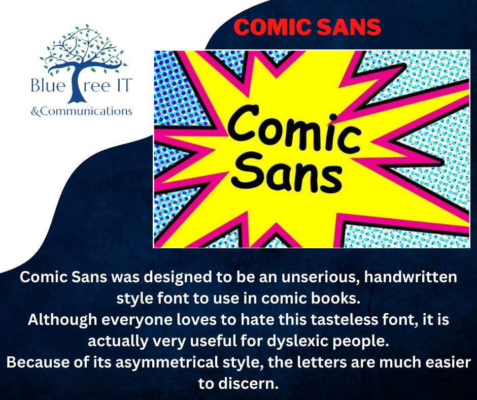 BlueTreeITComms's tweet image. Comic Sans is the most hated font in the world

#LOCAL
#HONEST 
#RELIABLE 
#ITSUPPORT 

If you haven&apos;t reviewed your IT &amp;amp; Telecoms services recently get in touch...

#cloud #office365 #servers #pcs #laptops #backup #data #telephony #broadband #telecoms