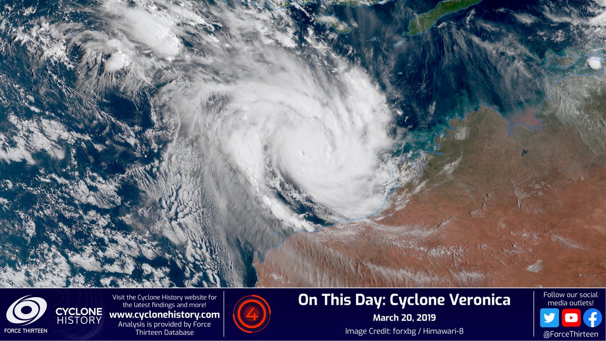 CycloneHistory's tweet photo. #OTD in 2019, #CycloneVeronica would soon reach its peak as a 155mph/935hPa #cyclone per F13's analysis.
Despite causing no deaths, the storm was quite costly at ~$1.65 billion in damages. The name Veronica was retired and replaced with Verity for later uses. https://t.co/HpkziuLPFL