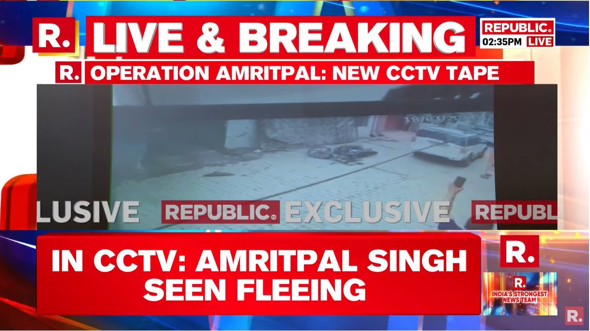 republic's tweet photo. #BREAKING | Operation Amritpal: New CCTV tape emerges, Waris Punjab De Chief seen fleeing in the tape.

#AmritpalSingh #Punjab #Khalistanis 

https://t.co/ge3J2OVybC https://t.co/bcPaxhNSJ4