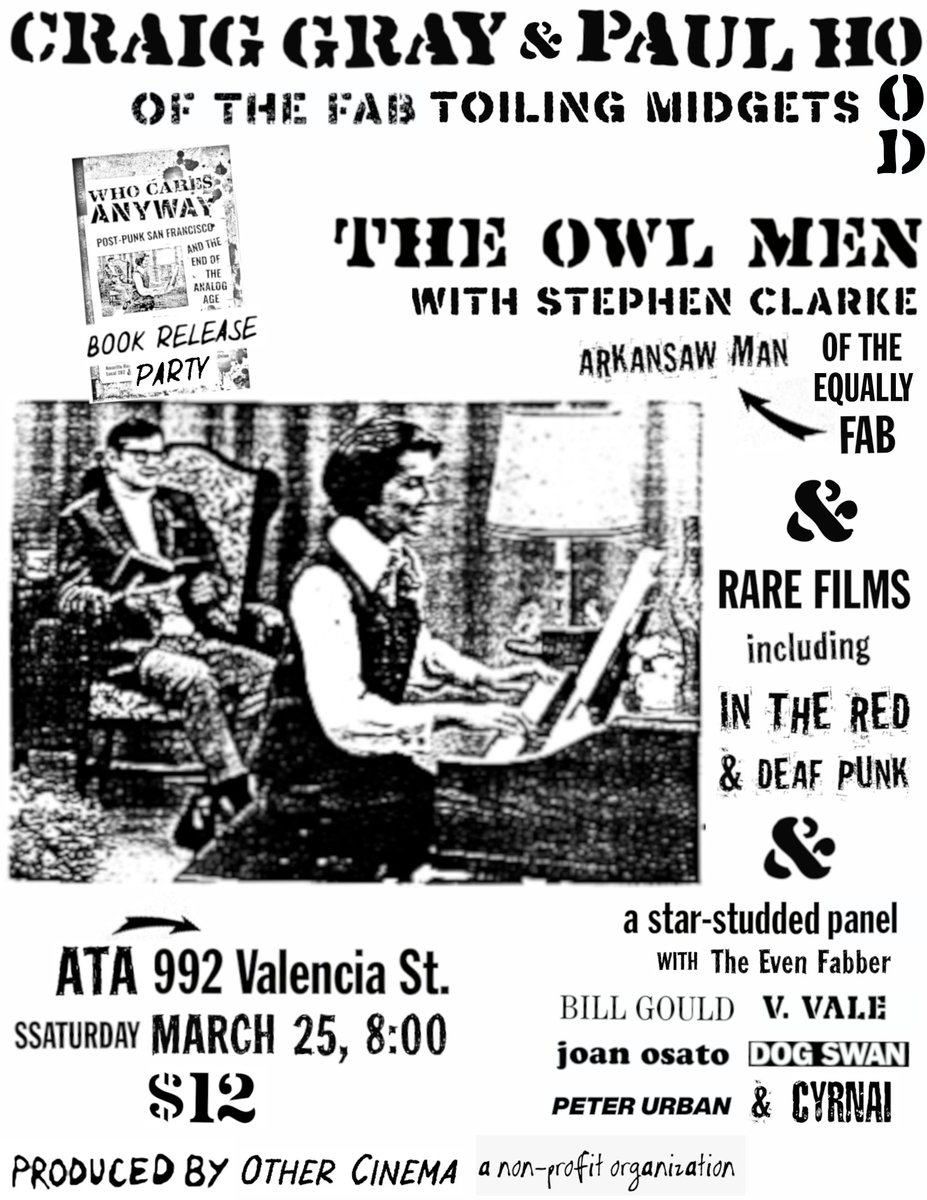 Headpress (@headpress) on Twitter photo March 25, #SanFrancisco: join <a href="/othercinema/">Other Cinema</a> for a rather special event celebrating the launch of <a href="/leavinghashurt/">Who Cares Anyway SF</a>'s Who Cares Anyway: Post-#Punk San Francisco and the End of the Analog Age. Music! Films! And a panel including <a href="/MRGOULD/">Billy Gould</a> and <a href="/ValeRESearch/">Sabrina David</a>!
othercinema.com/calendar/index⌠March 25, #SanFrancisco: join <a href="/othercinema/">Other Cinema</a> for a rather special event celebrating the launch of <a href="/leavinghashurt/">Who Cares Anyway SF</a>'s Who Cares Anyway: Post-#Punk San Francisco and the End of the Analog Age. Music! Films! And a panel including <a href="/MRGOULD/">Billy Gould</a> and <a href="/ValeRESearch/">Sabrina David</a>!
othercinema.com/calendar/indexâŚ