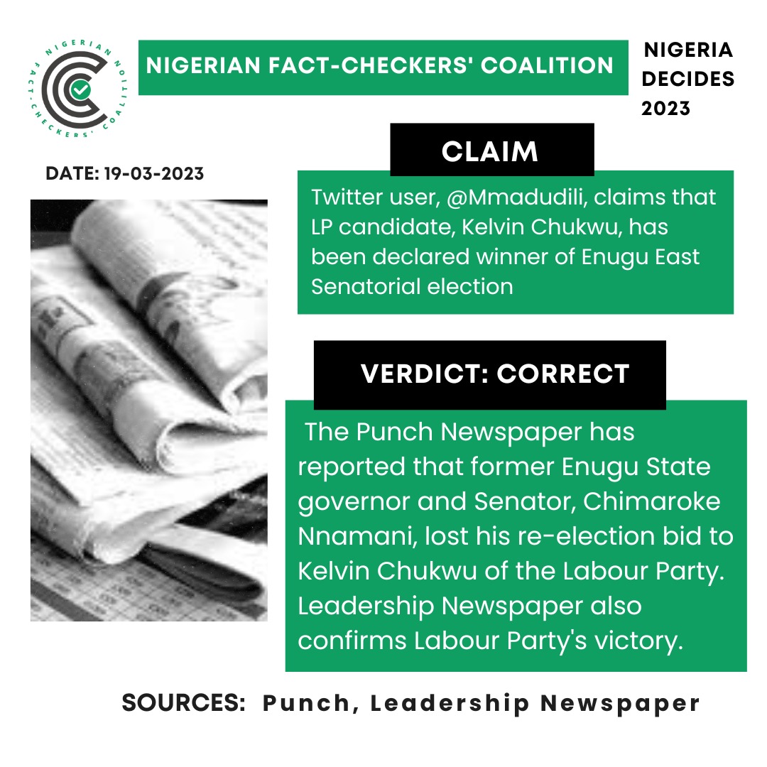 TheICIR's tweet photo. CLAIM: A Twitter user, @Mmadudili, claims that Labour Party's candidate, Kelvin Chukwu, has been declared winner of Enugu East Senatorial election.
VERDICT: CORRECT
SOURCES: Punch, Leadership Newspape
#NigeriaDecides2023 #NGFactCheckers #NigeriaElections2023 #FactCheckhub https://t.co/sjx29Jv0Gc