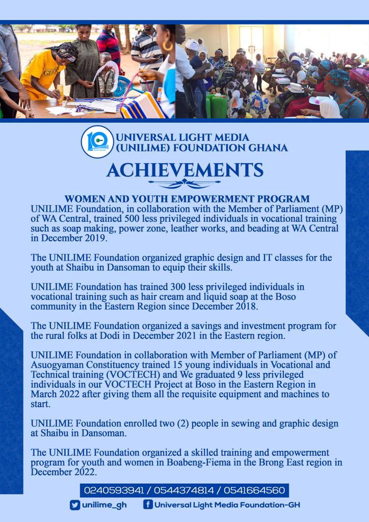 unilime_gh's tweet image. Our 10 years journey has been impactful. We have change a lot of lives through the support of donors, partners, Executives, Adviser and Volunteers. Thank you all for making this possible! 
#UnilimeFoundation
#EmpoweringTheYouth
#VOCTECH