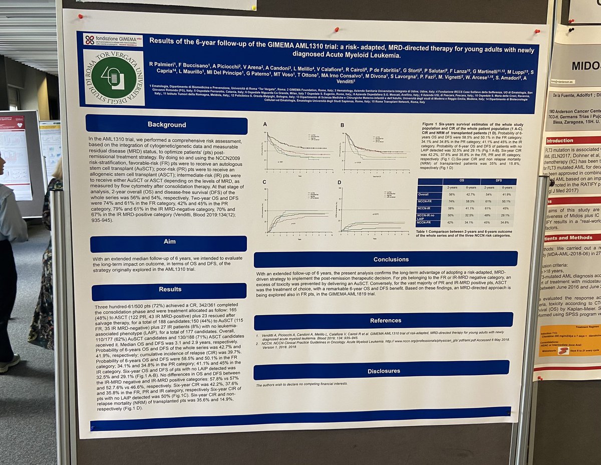 RafPalmieri's tweet photo. Honoured to present the 6y update of the GIMEMA AML1310 trial at the ISALXVIII 2023 Meeting in Munich @FGIMEMA #Leukemia #AcuteMyeloidLeukemia #AML #MeasurableResidualDisease #MRD https://t.co/OKMf9lxbKH