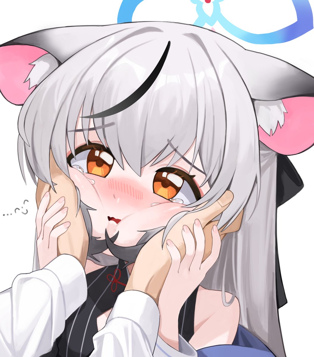 sensei (blue archive) 1girl hands on another's cheeks animal ears grey hair hands on another's face cheek squash halo  illustration images