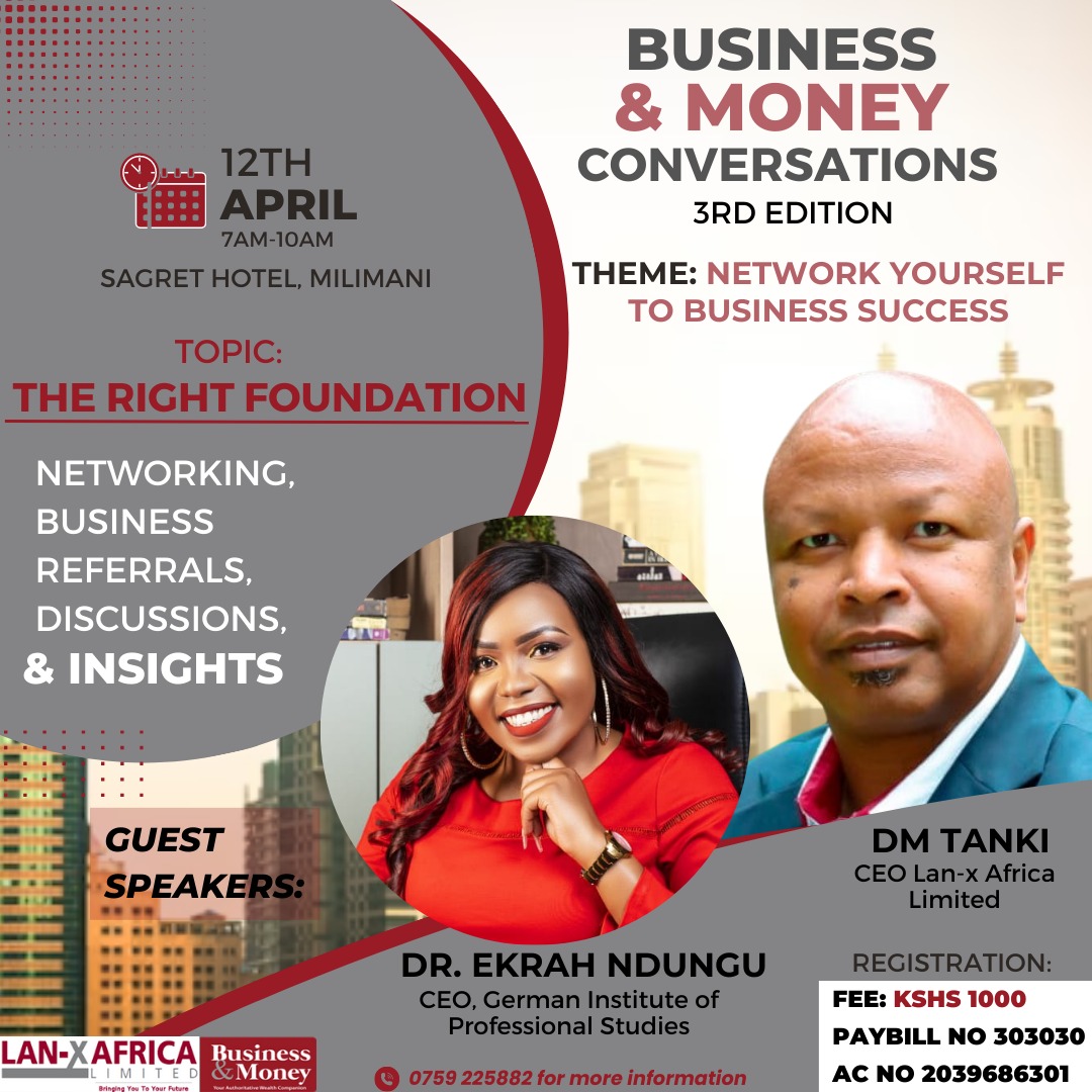 LanxAfrica's tweet photo. We bring to you our third edition of Business &amp; Money conversations , happening on the 12th of April 2023 from 7am - 10am. Our guest speaker will be Dr. Ekra Ndungu . Limited slots remaining ,payment details are on the poster below. 
@bizmoneyafrica 
@dmtanki 
#bizNmoney
#blc2023 https://t.co/VjqhOYUF75