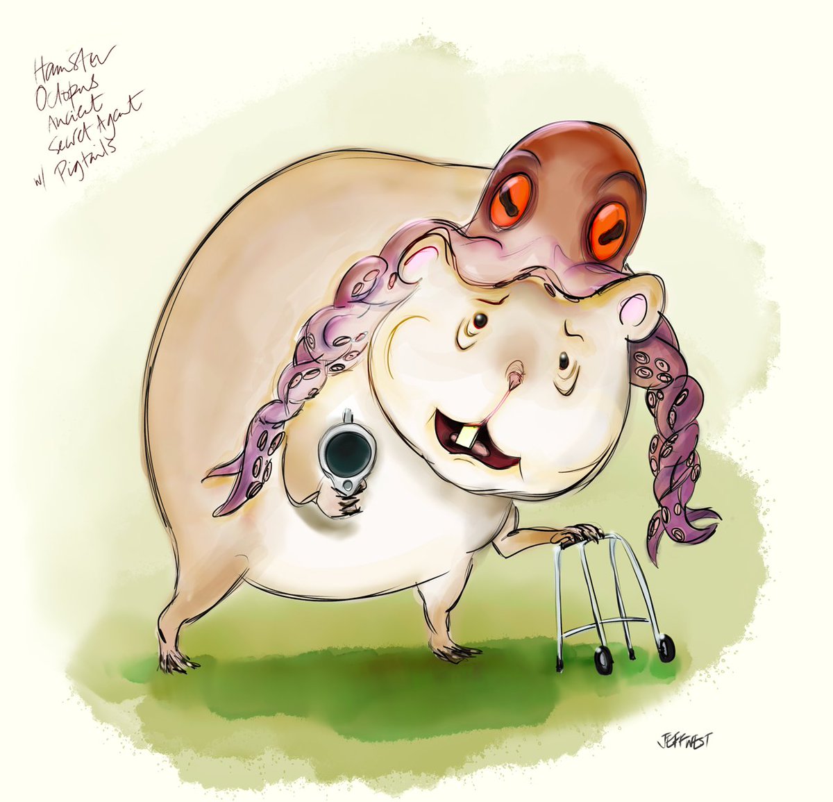 JeffPWest's tweet photo. Quick sketch challenge: "Hamster Octopus Ancient Secret Agent &amp; Pigtails". Double-O septuagenarian #hamster. Returned to this with a digital paintbrush to watercolour it up. #digitalart #Photoshop #kidlitart #Octopuses #sketch https://t.co/Lnjh2FXPQM