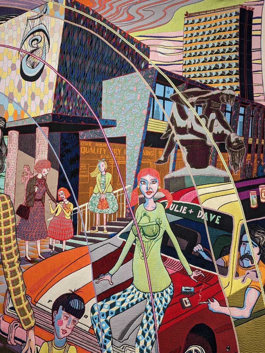 1/  Short🧵: Interesting to see Basildon New Town centre commemorated in Grayson Perry's 2015 tapestry, 'A Perfect Match'.  The originals and some details below⬇️