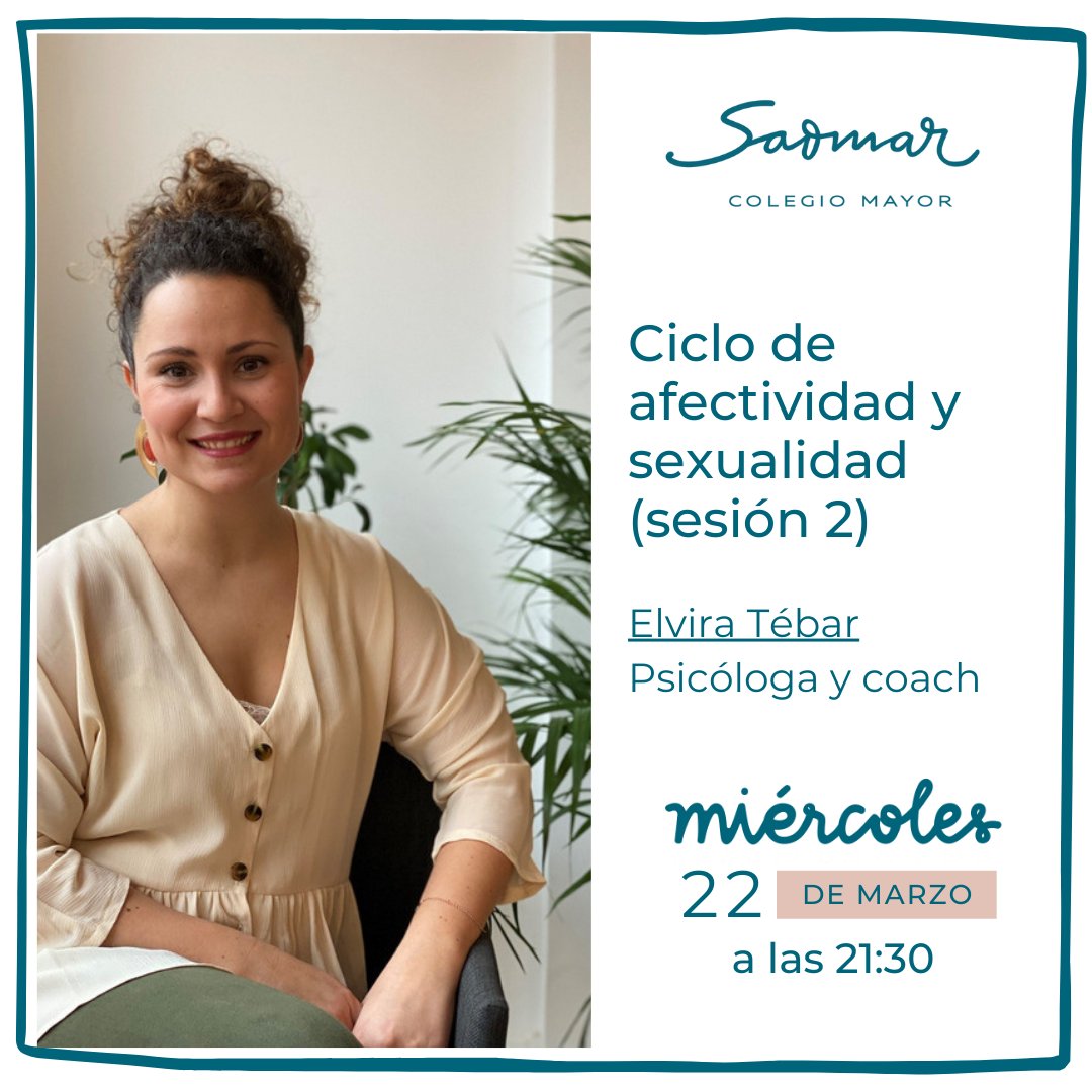 Y después de las fallas, retomamos este miércoles las conferencias culturales con la segunda sesión del ciclo de afectividad y sexualidad impartido por Elvira Tébar, psicóloga y coach. ¡Te esperamos!
#saomar #saomarValencia #colegiomayorsaomar #ColegioMayorValencia