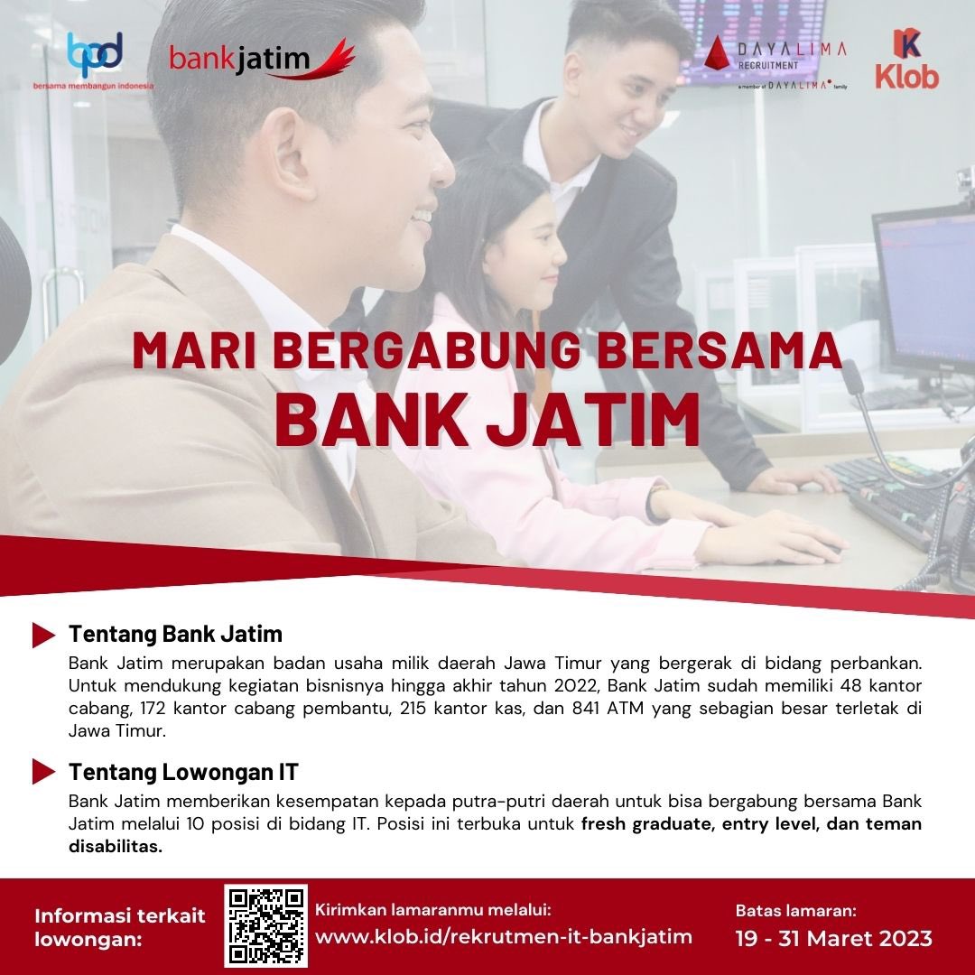 firstfirebender's tweet photo. Bank Jatim bekerja sama dengan DayaLima Recruitment dan Klob membuka lowongan kerja untuk 10 posisi di bidang IT untuk para fresh graduate, entry level, dan teman disabilitas. Kirim lamaran Anda ke https://t.co/ysfLtTbVwI

#infoloker #loker #lowongankerja #bankjatim #lokerjatim https://t.co/P1S4CS2JGq