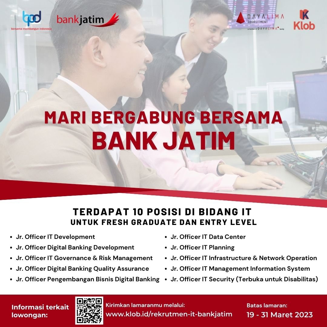 firstfirebender's tweet photo. Bank Jatim bekerja sama dengan DayaLima Recruitment dan Klob membuka lowongan kerja untuk 10 posisi di bidang IT untuk para fresh graduate, entry level, dan teman disabilitas. Kirim lamaran Anda ke https://t.co/ysfLtTbVwI

#infoloker #loker #lowongankerja #bankjatim #lokerjatim https://t.co/P1S4CS2JGq