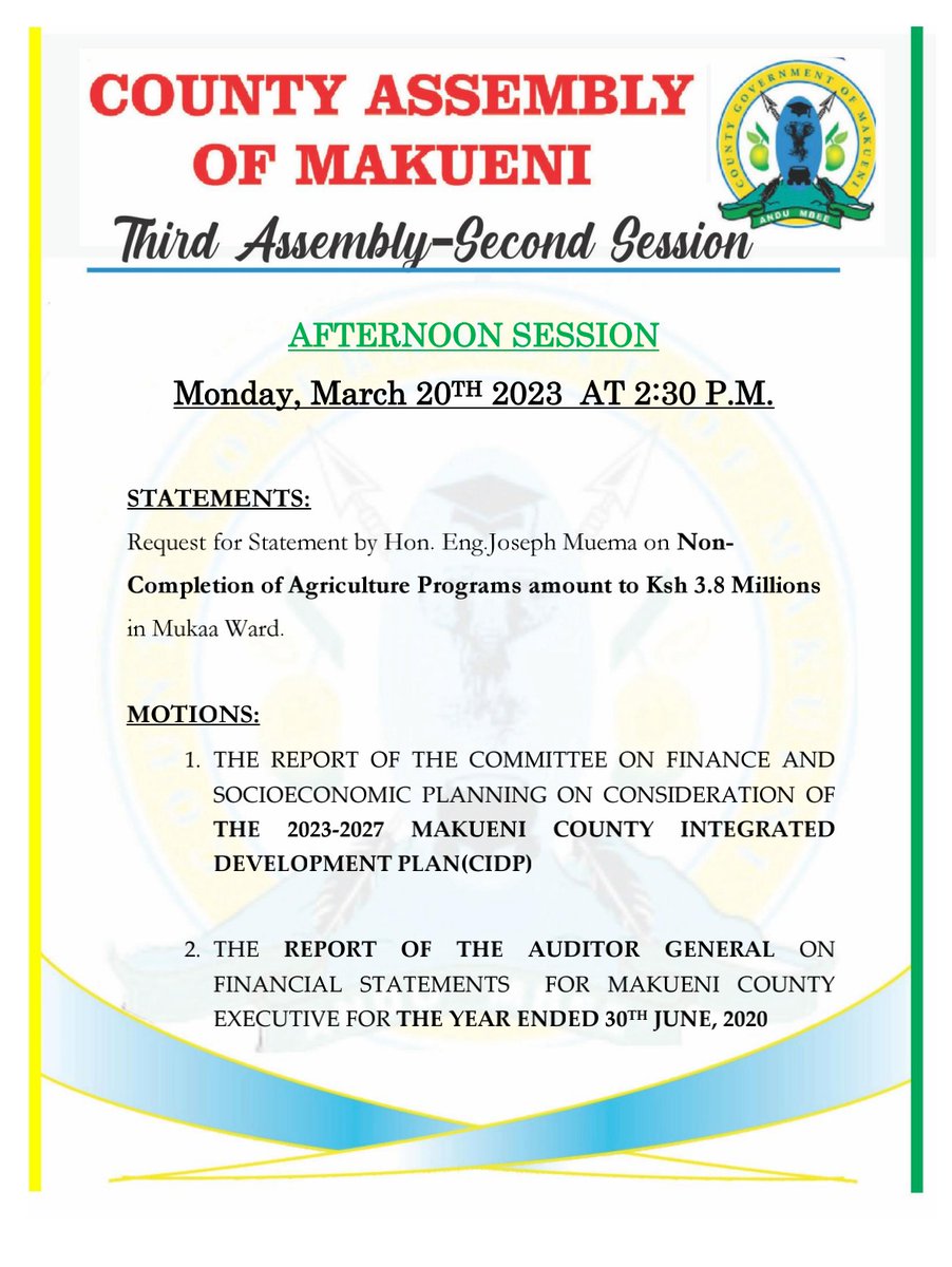 The Assembly resumes sittings this afternoon.

Here is a brief of the Order Paper.