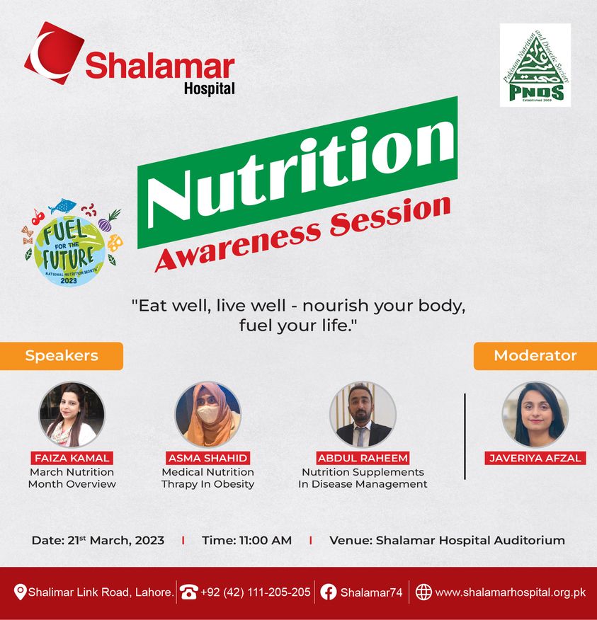 Fuel your body for the future! Join us at Shalamar Hospital for an informative session on nutrition during International Nutrition Month. Your body will thank you! 

#FuelForTheFuture #NutritionAwareness #ShalamarHospital